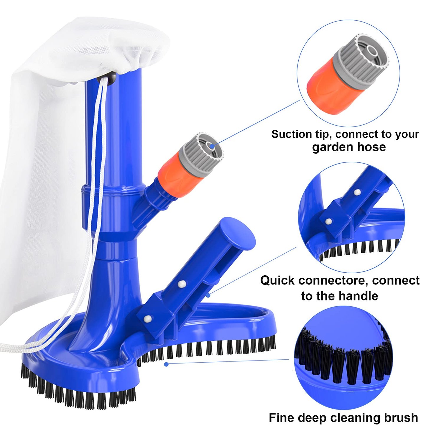 Pool jet vacuum with brush and mesh bag vacuum cleaner kit