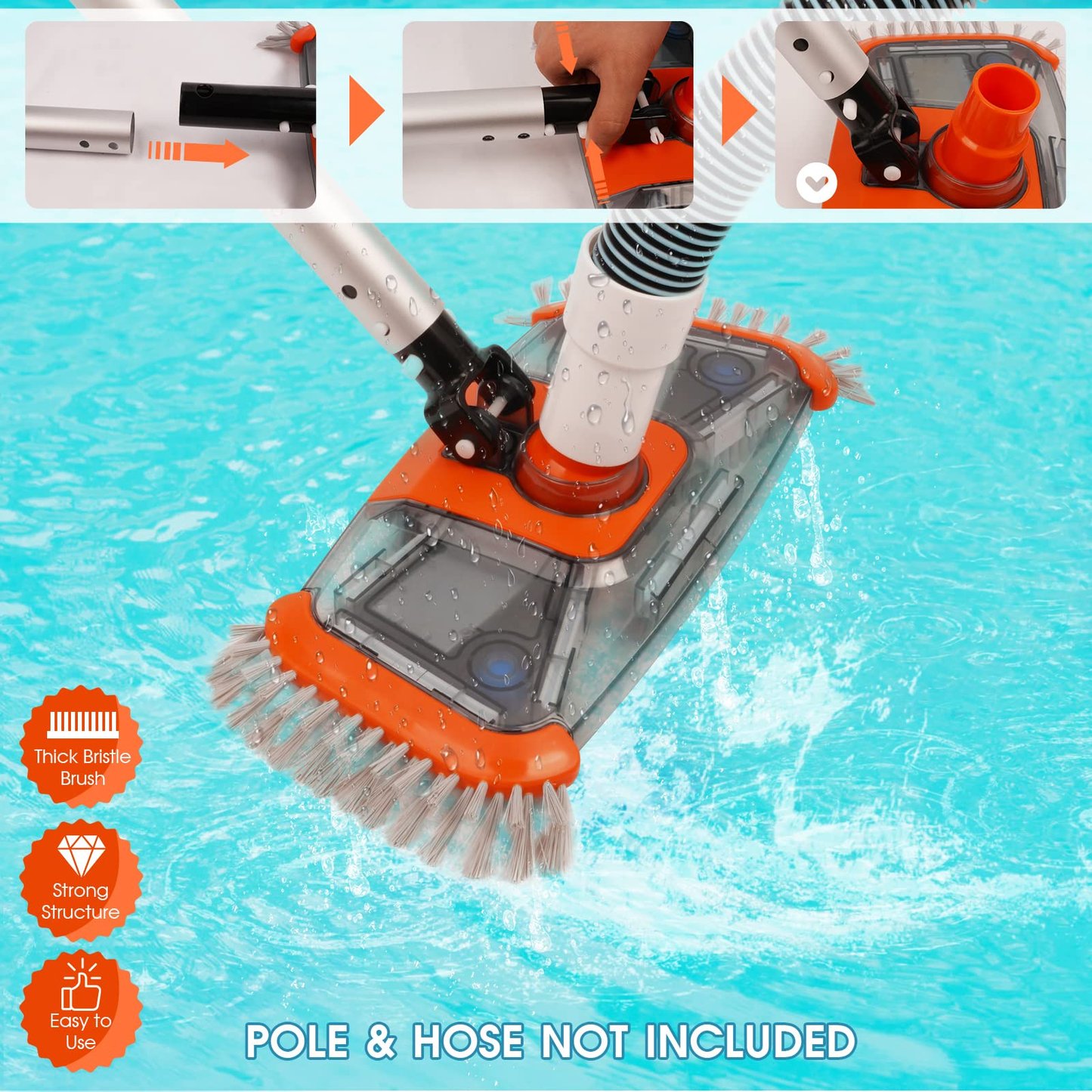 Heavy duty pool vacuum head with side brush and rotatable hose