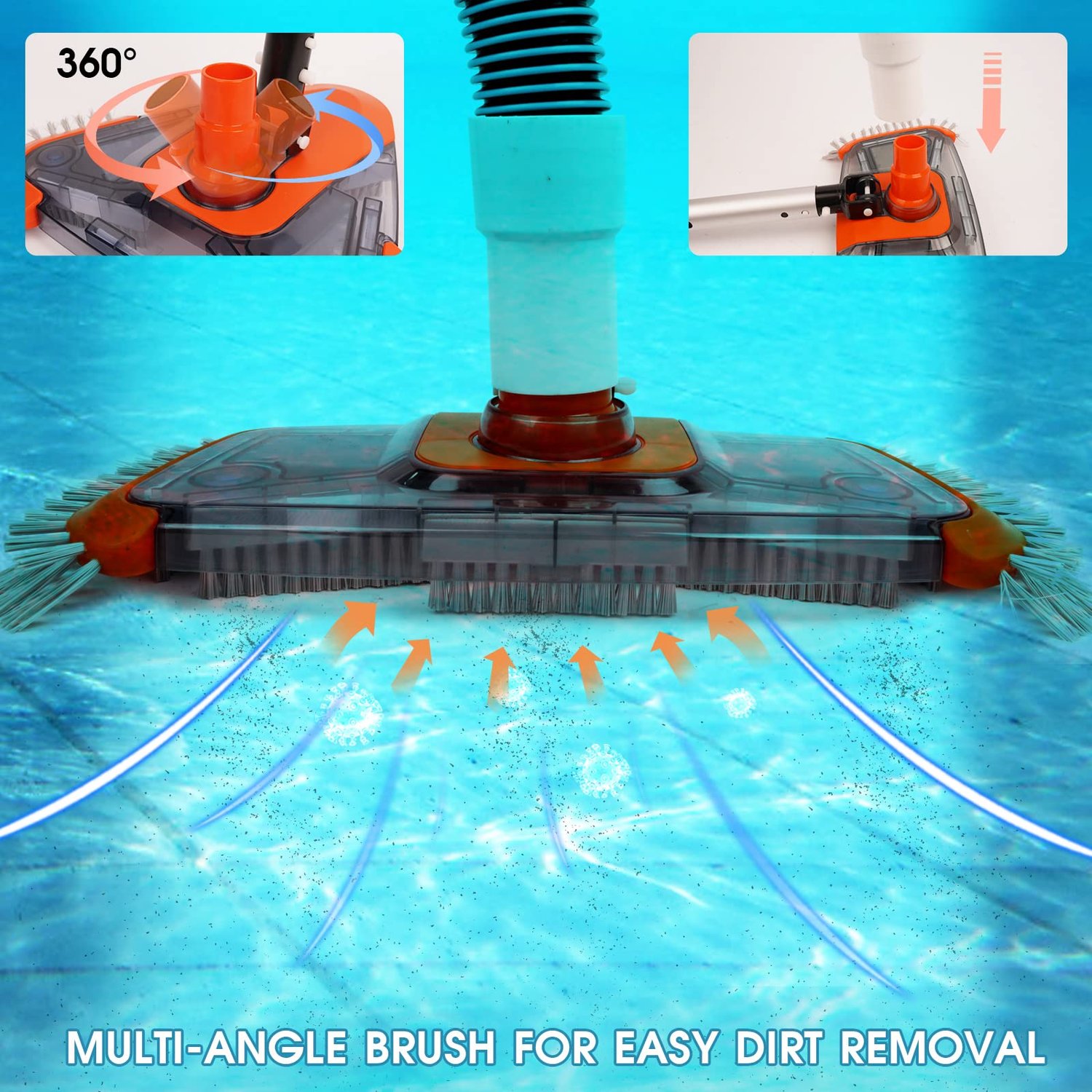 Heavy duty pool vacuum head with side brush and rotatable hose