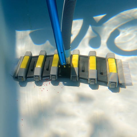 Pool cleaning brush vacuum head with wheels & hose adapter