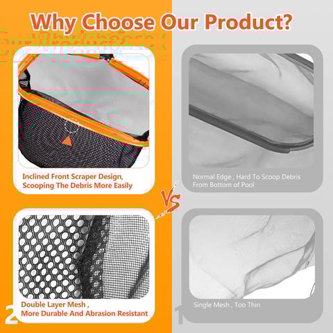Skimmer nets for swimming pools with deep double layer mesh bag