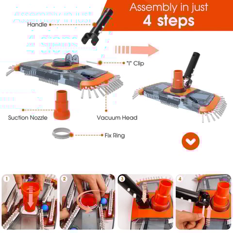 Heavy duty pool vacuum head with side brush and rotatable hose