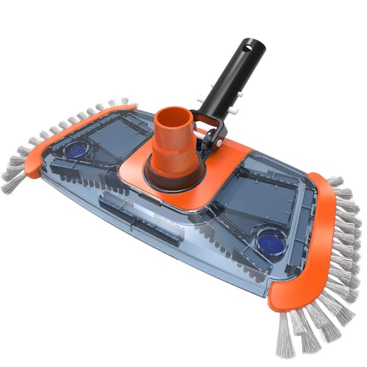 Heavy duty pool vacuum head with side brush and rotatable hose